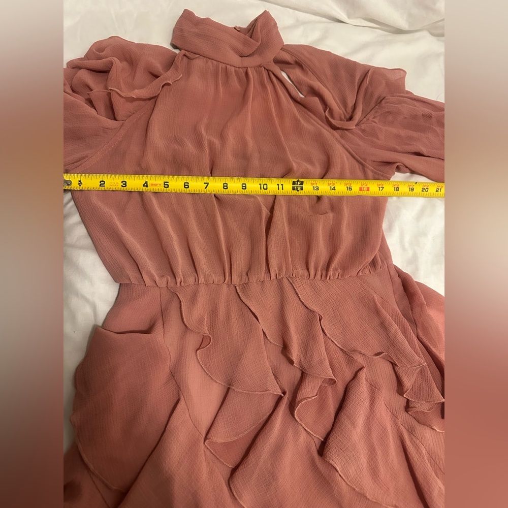 ZARA WOMAN HIGH COLLAR RUFFLED MINI DRESS MARSALA Size : Large, P2P: 17 inches - Picture 6 of 11